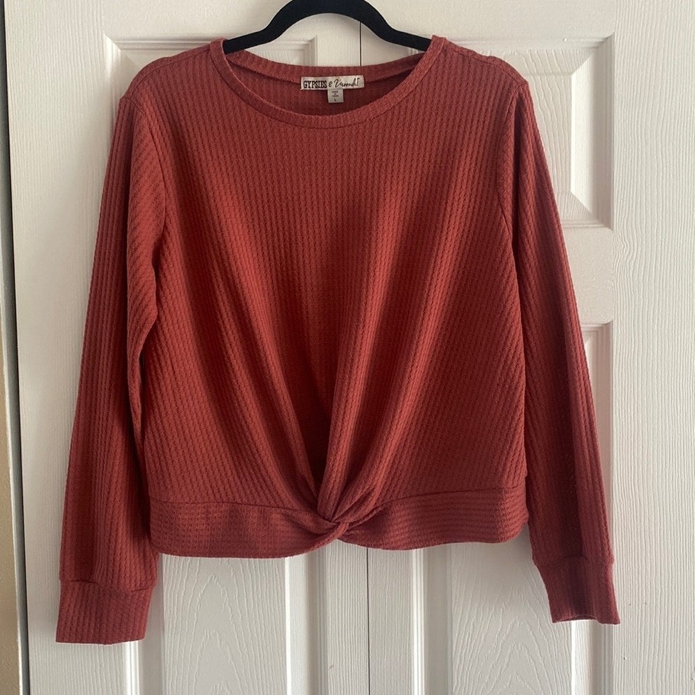 Gypsies & Moondust Twist Front Waffle Knit Top Womens Size L Rust Thermal Boho